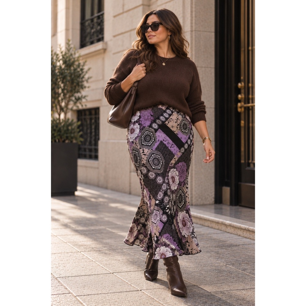 Toto n Ko Midi Skirt Brown Purple Floral Patchwork Boho Whimsigoth Large